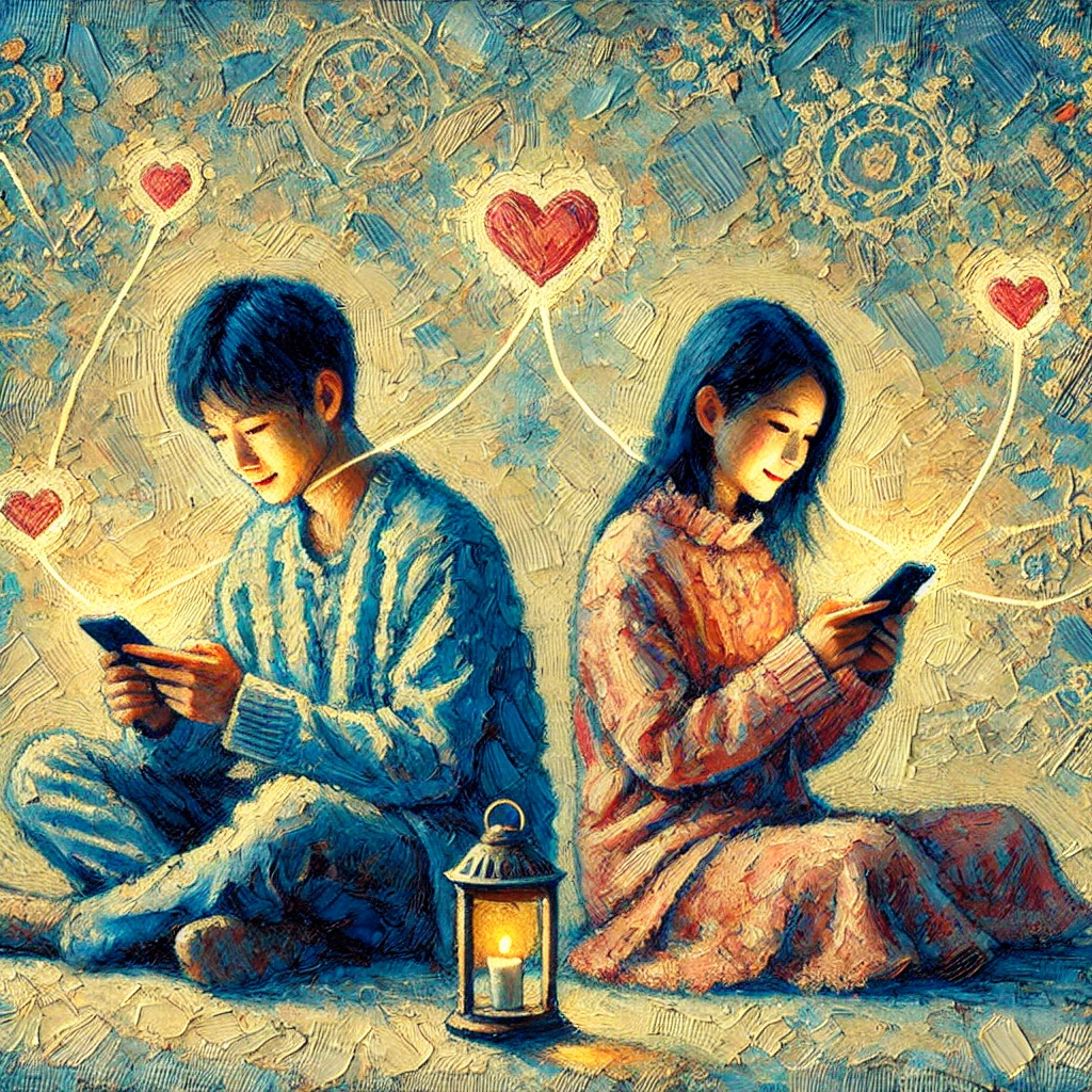 マッチングアプリの返信をする男女