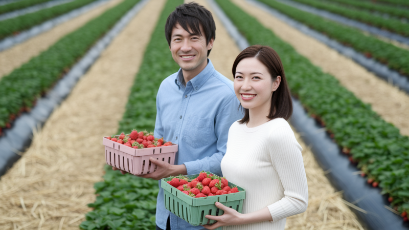婚活バスツアーでイチゴ狩りをする男女