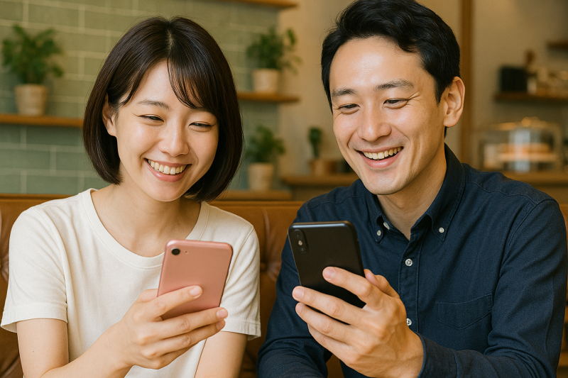 ラインをチェックする男女