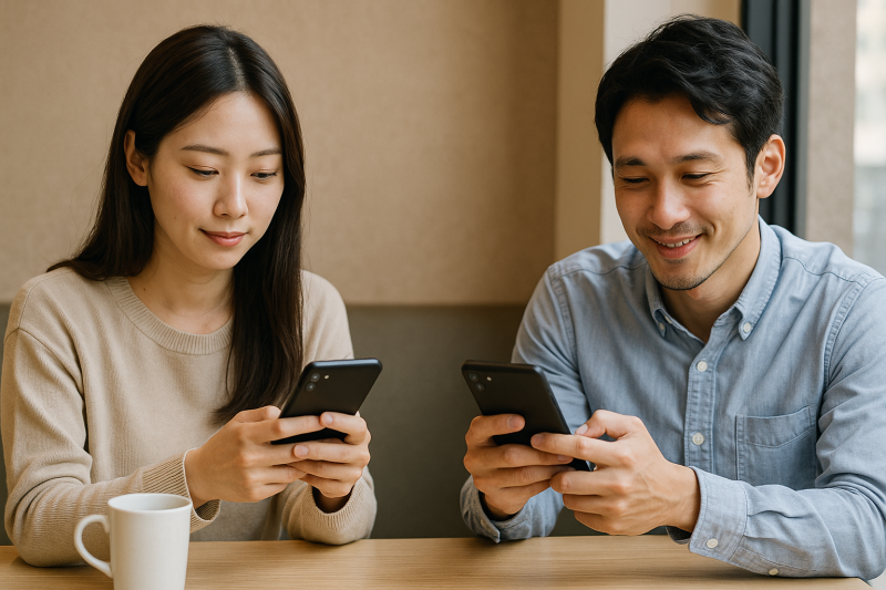 ラインを送りあう男女