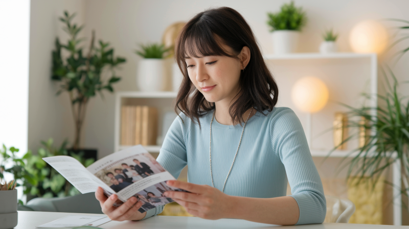 結婚相談所でお見合い相手の写真を見る女性