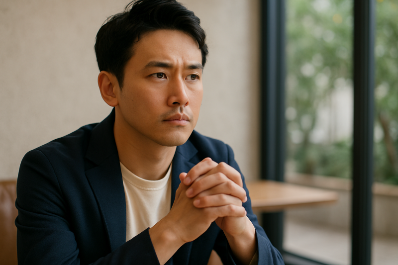 考え事をする男性