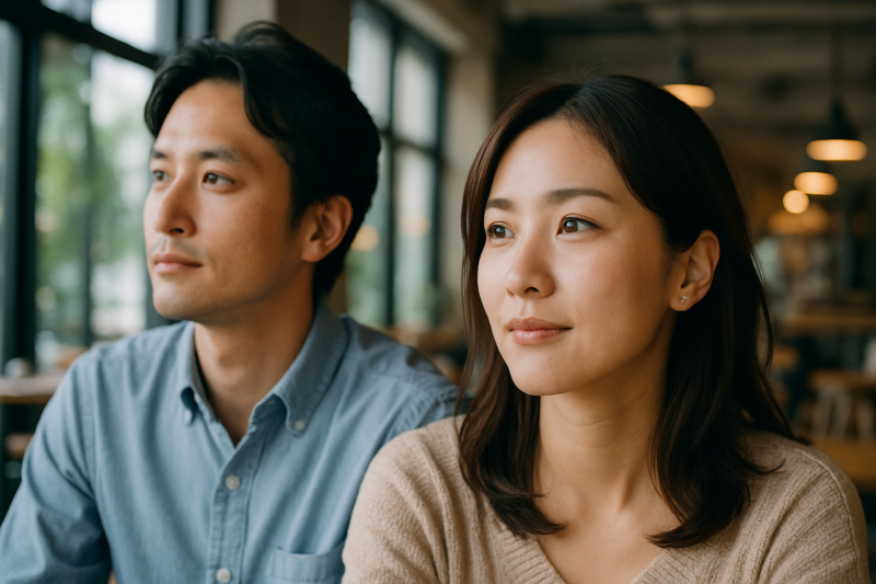 遠くを見つめる婚活中の男女